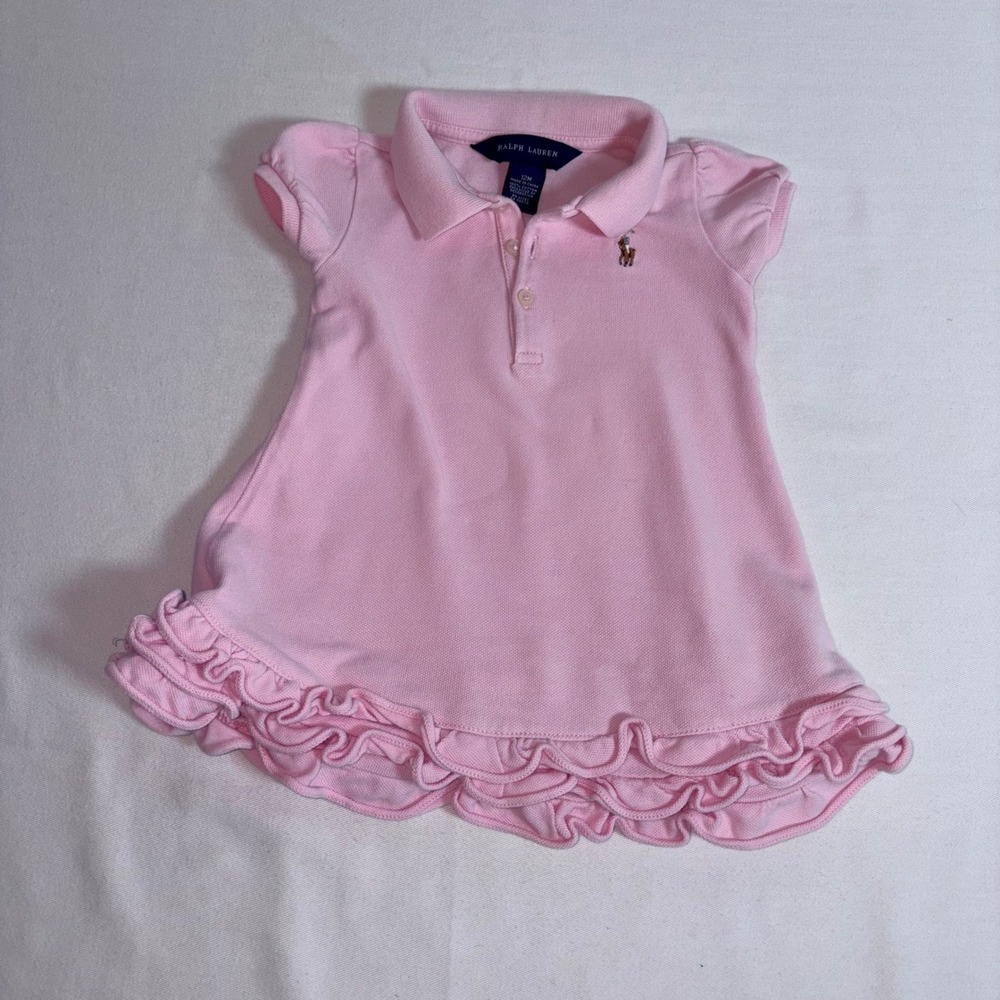Ralph Lauren Polo Dress 12 months Pink Excellent Ruffle Hem Puff Sleeve Pique